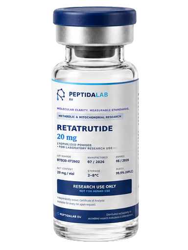 Flacon PeptidaLab Retatrutide — 20 mg, exclusiv pentru cercetare